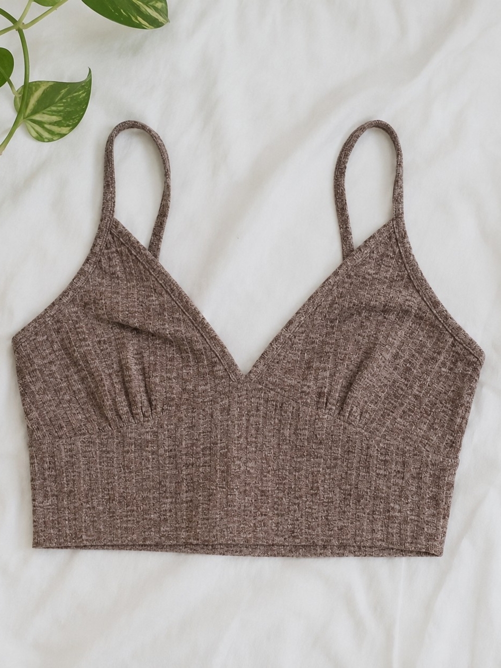 Ribbed V-Neck Bralette in Heathered Brown